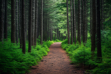 Fototapeta premium A path cuts through a dense forest, lined by tall trees and vibrant green foliage