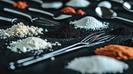 Assorted spices and baking ingredients on dark surface