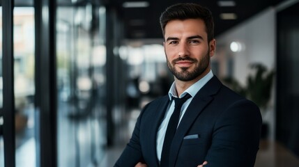 Fototapeta premium Focused young businessman in formal attire, embodying determination and professionalism. 