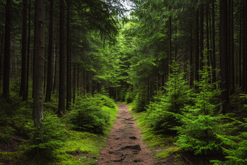A path winds through a dense forest