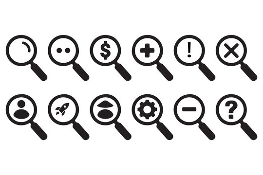 Search Icon vector illustration set, magnifying glass symbol, search icon clip art , zoom in and zoom out symbol, Magnifying glass sign isolated