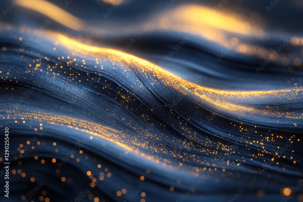 Poster a mesmerizing close-up of flowing dark waves illuminated by shimmering golden particles, creating a 