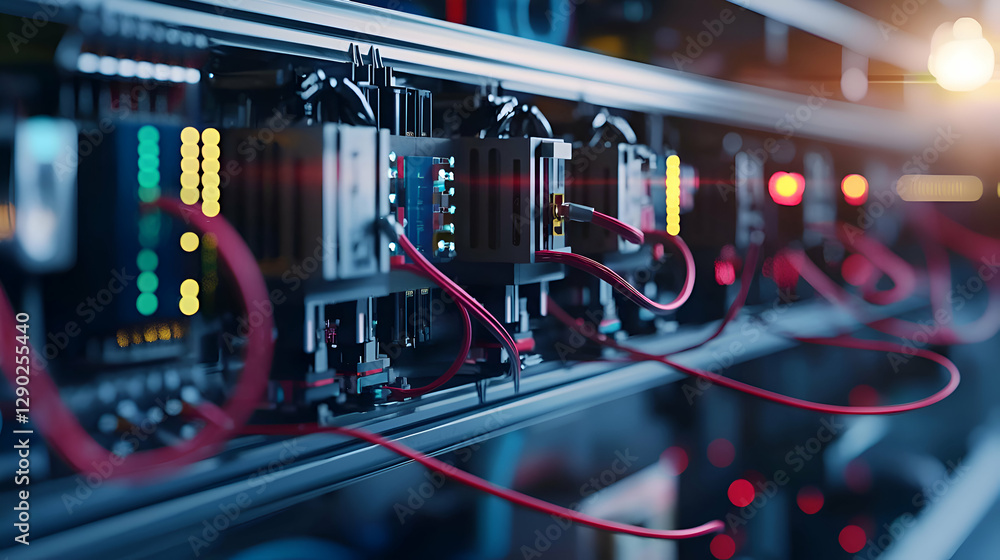 Poster close up of server rack with red and blue cables in a dark data center