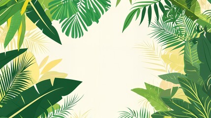 Lush Green Tropical Leaves Frame on Beige Background