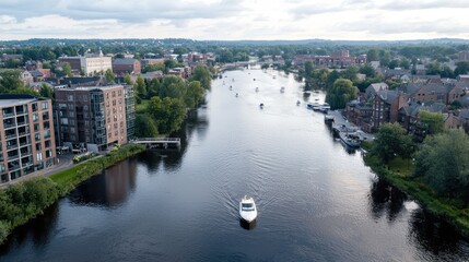 Obraz premium Aerial view of river flowing through town with modern buildings and boats. Potential use Stock photo for travel, real estate, or urban development
