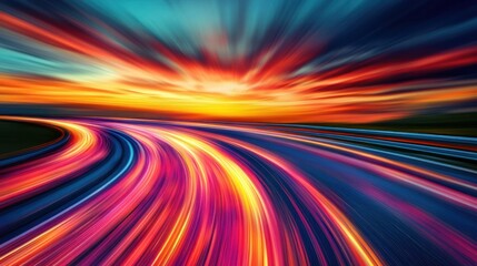 Vibrant sunset over a winding road with motion blur