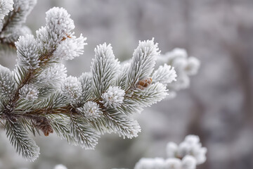 Snowy Pine Branch with Frosty Pinecones in Winter