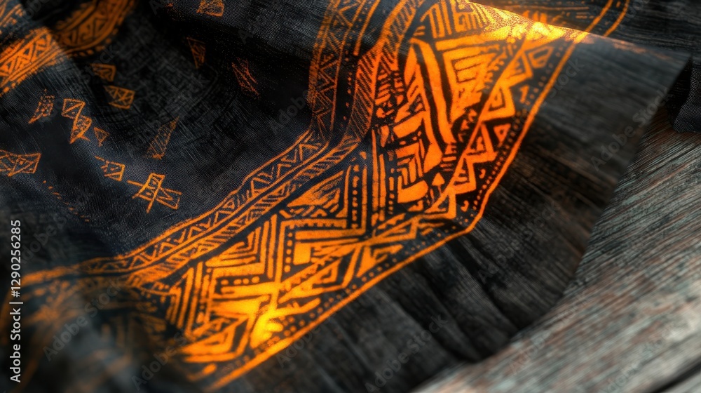 Poster glimmering ethnic textile fabric with intricate patterns and rich colors in soft focus