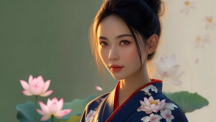 Fototapeta premium Photo-Like Digital Illustration of a Young Asian Woman in White and Pink Lotus Kimono, Muted Green Background with Pink Flowers, Soft Warm Light.