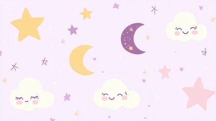 Cute Cartoon Clouds, Stars, and Moons on Soft Purple Background