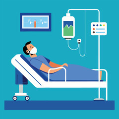 patient lying in a hospital bed with an oxygen man