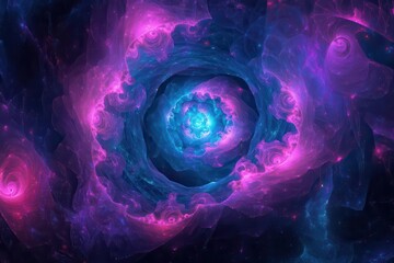vibrant fractal cosmos swirling with electric blues and magentas, geometric patterns merging with nebulae and starfields, creating a hypnotic digital dreamscape