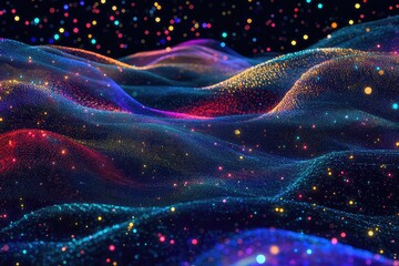 A futuristic background showcasing a cyber network of colorful dots connected by flowing digital paths.