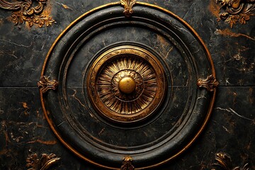 Fototapeta premium Gold ornate medallion, dark marble, interior design