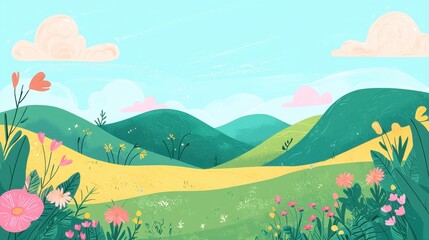 Colorful Landscape with Green Hills and Vibrant Flowers in Bloom