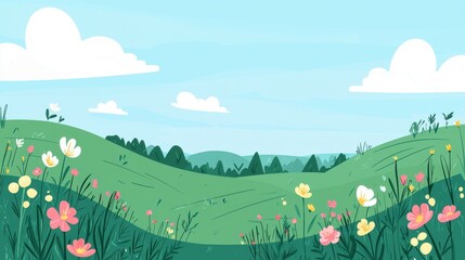 Vibrant Meadow Landscape with Flowers and Blue Sky Background