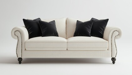 Fototapeta premium Classic white sofa with black velvet cushions in studio