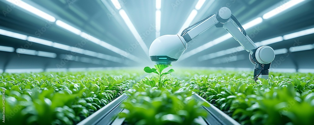 Poster a high-tech greenhouse with self-sustaining ai-driven irrigation systems, robotic arms tending to pl