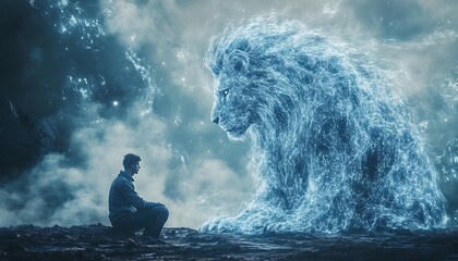 Obraz premium Man facing ice lion, fantasy landscape