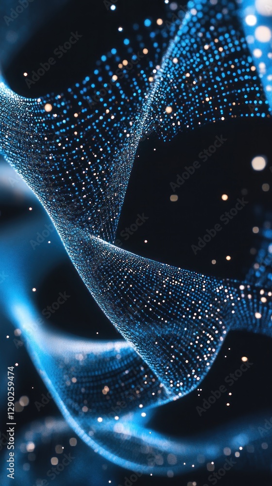 Poster abstract representation of flowing digital waves with luminous particles against a dark background, 