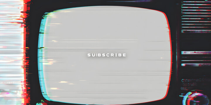 TV screen texture with glitch text SUBSCRIBE. HDTV no signal problems. Bad TV signal on TV screen Noise of motion background lines. Glitch VHS concept. Glitch camera effect. Video rewind texture