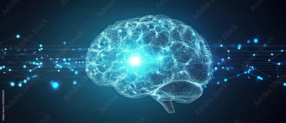 Poster a digitally rendered brain illuminated with blue light, surrounded by glowing connections, symbolizi