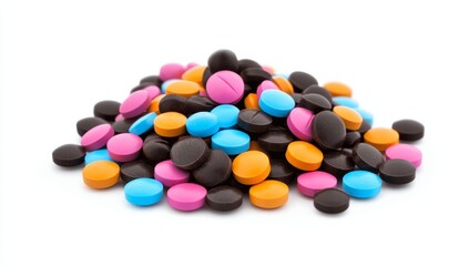 Colorful pills pile on white background (1)