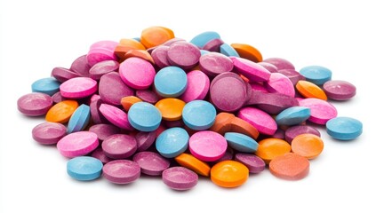 Colorful pills heap against white background