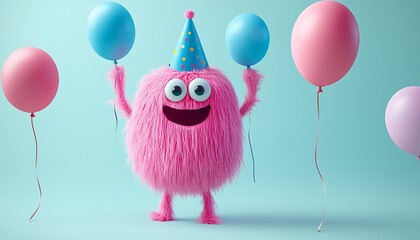 Pink monster with party hat holding balloons in studio