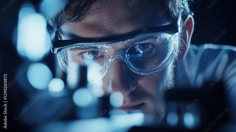 Poster focused scientist in protective goggles intensely studying a sample through advanced laboratory equi