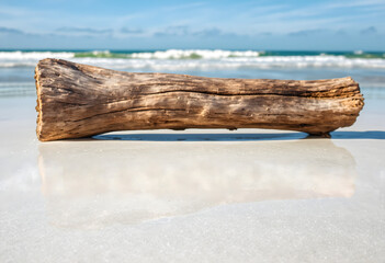 Driftwood on Pristine Beach with Ocean Waves