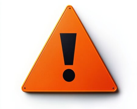A flat orange triangular warning sign with a bold black exclamation mark, sharp design on white 