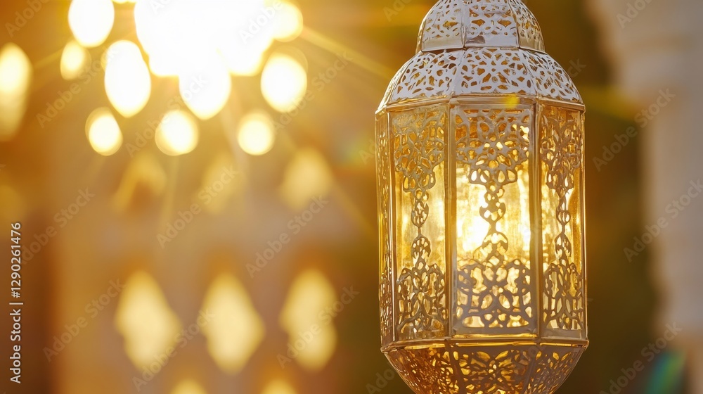 Poster decorative lantern shining in soft glow with floral patterns
