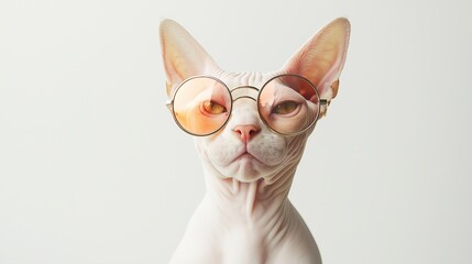 sphynx cat wearing round sunglasses, set against a vibrant, white backdrop; showcasing intricate details of its plumage and a focused, almost inquisitive expression.2
