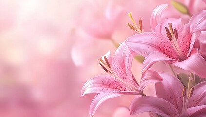 Fototapeta premium Pink Lilies, Close-up, Soft Focus, Beautiful Background