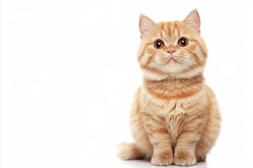 British orange cat sitting, isolated on white background.