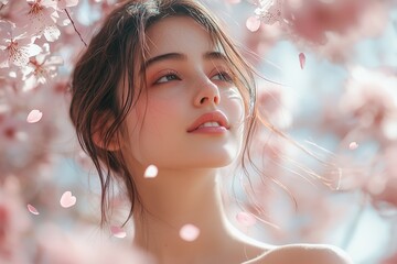 Fototapeta premium A woman standing under a canopy of cherry blossoms, the pink petals drifting in the air around her