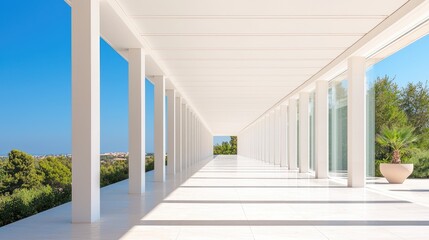 Obraz premium White colonnaded walkway, overlooking city, sunny day. Possible use architecture, tourism