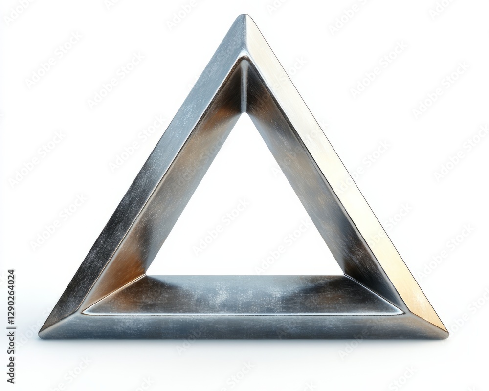 Poster a polished 3d triangular attention symbol with a smooth metallic surface, isolated on white