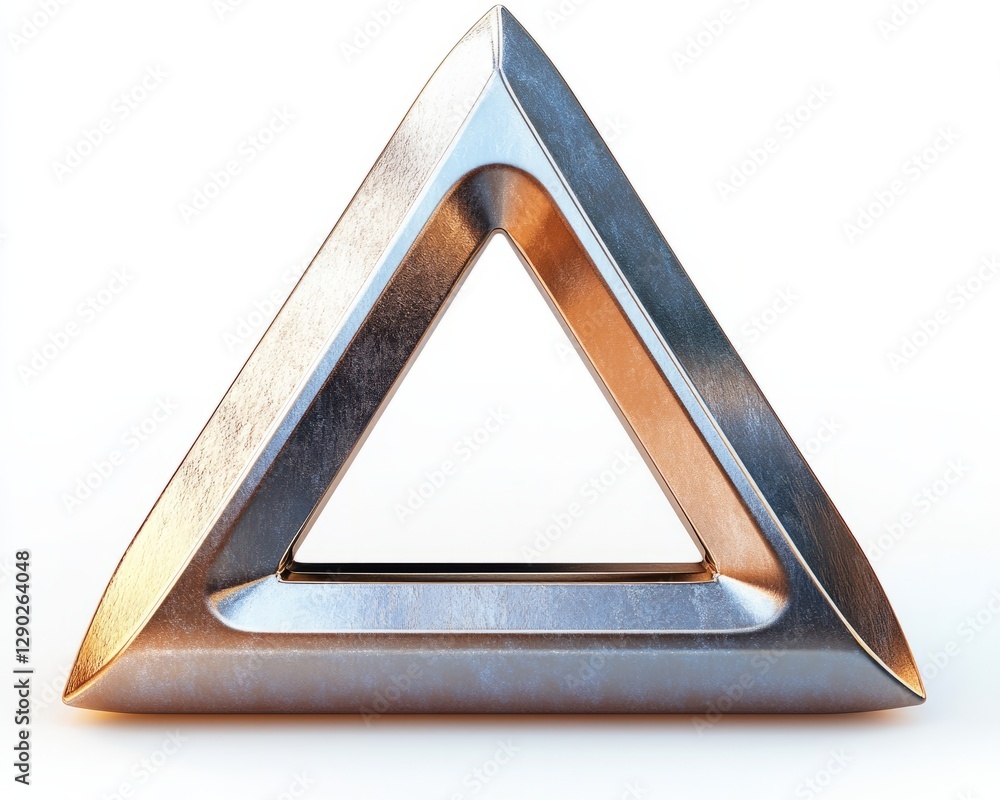 Poster a polished 3d triangular attention symbol with a smooth metallic surface, isolated on white