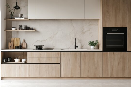 Fototapeta Kitchen with cabinets and countertop in neutral tones.