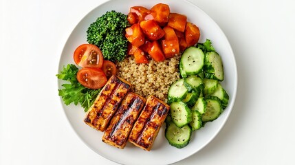 Delicious Grilled Tofu Quinoa Bowl Healthy Vegan Recipe Sweet Potato Broccoli Cucumber Tomatoes Fresh Food Photography Studio Shot Top View White     