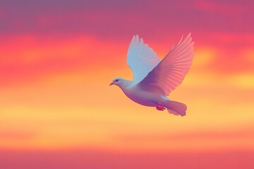 Fototapeta premium White dove in flight against a vibrant sunset. Perfect for peace, hope, and freedom themes.