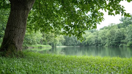 Fototapeta premium Tranquil lake scene, lush green trees, calm waters, idyllic park