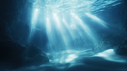 ocean water floor, and the light rays shining down from above the surface