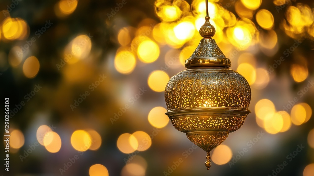 Poster elegant gold lantern with intricate design and warm bokeh background