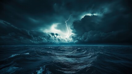 Fototapeta premium dark and stormy ocean with lightning in the distance