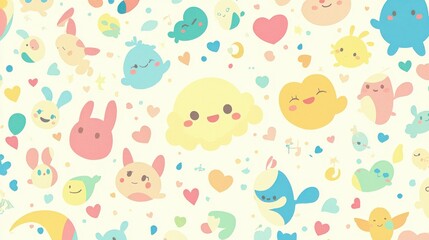 Cute and Colorful Cartoon Characters on Soft Background Pattern