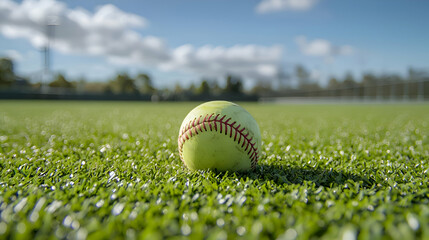 Softball on Green Grass Field Under Blue Sky
