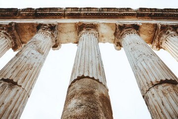 weathered roman columns standing tall against a stark white sky, casting deep shadows over cracked marble, evoking ancient grandeur.